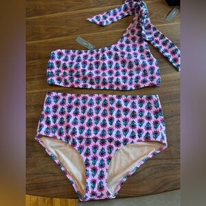 Like New J Crew Floral Block Print One Shoulder Bikini Set XL High Waisted Pink